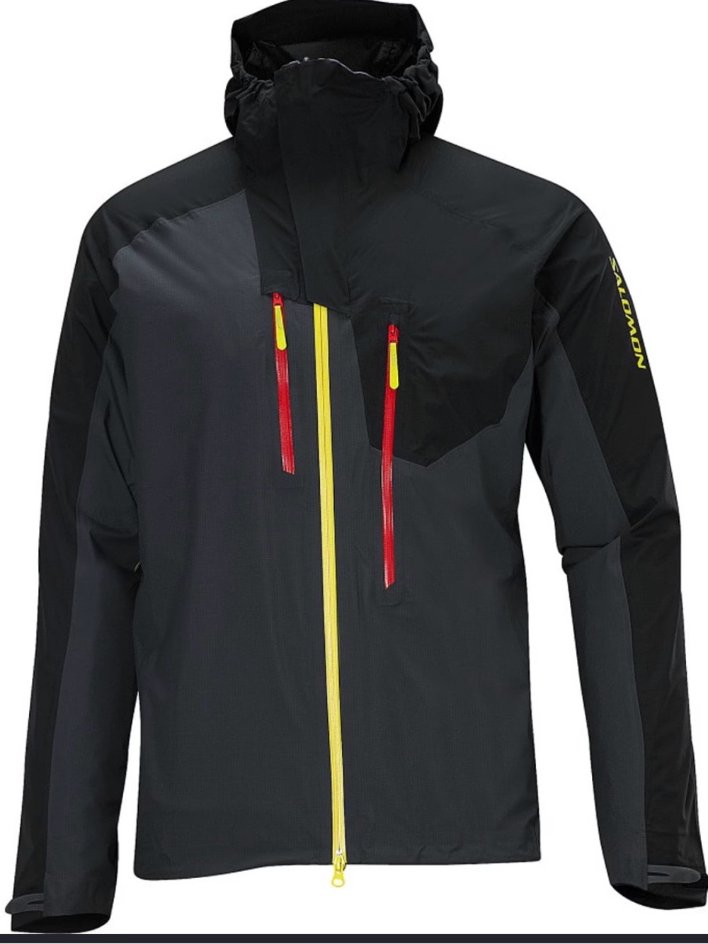 Salomon Men's Black & Dark Gray Windbreaker with Yellow and Red Accents
